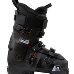 Black ski boot three-quarter side view with front buckles and strap details
