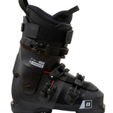 Black ski boot three-quarter side view with front buckles and strap details