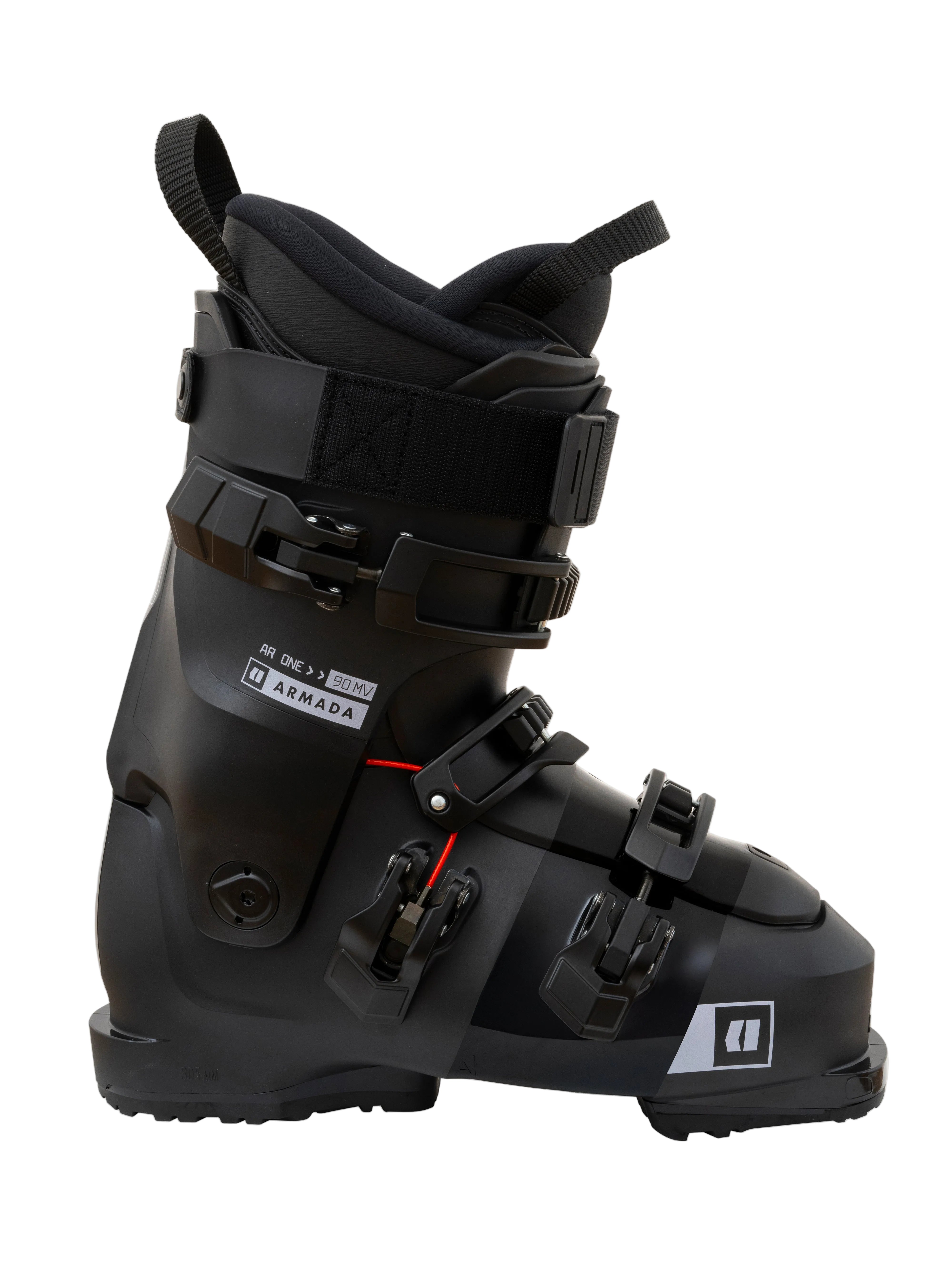 Black ski boot three-quarter side view with front buckles and strap details