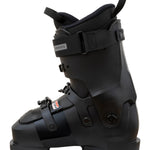 Black ski boot with front buckles, adjustable strap, and rugged rubber outsole
