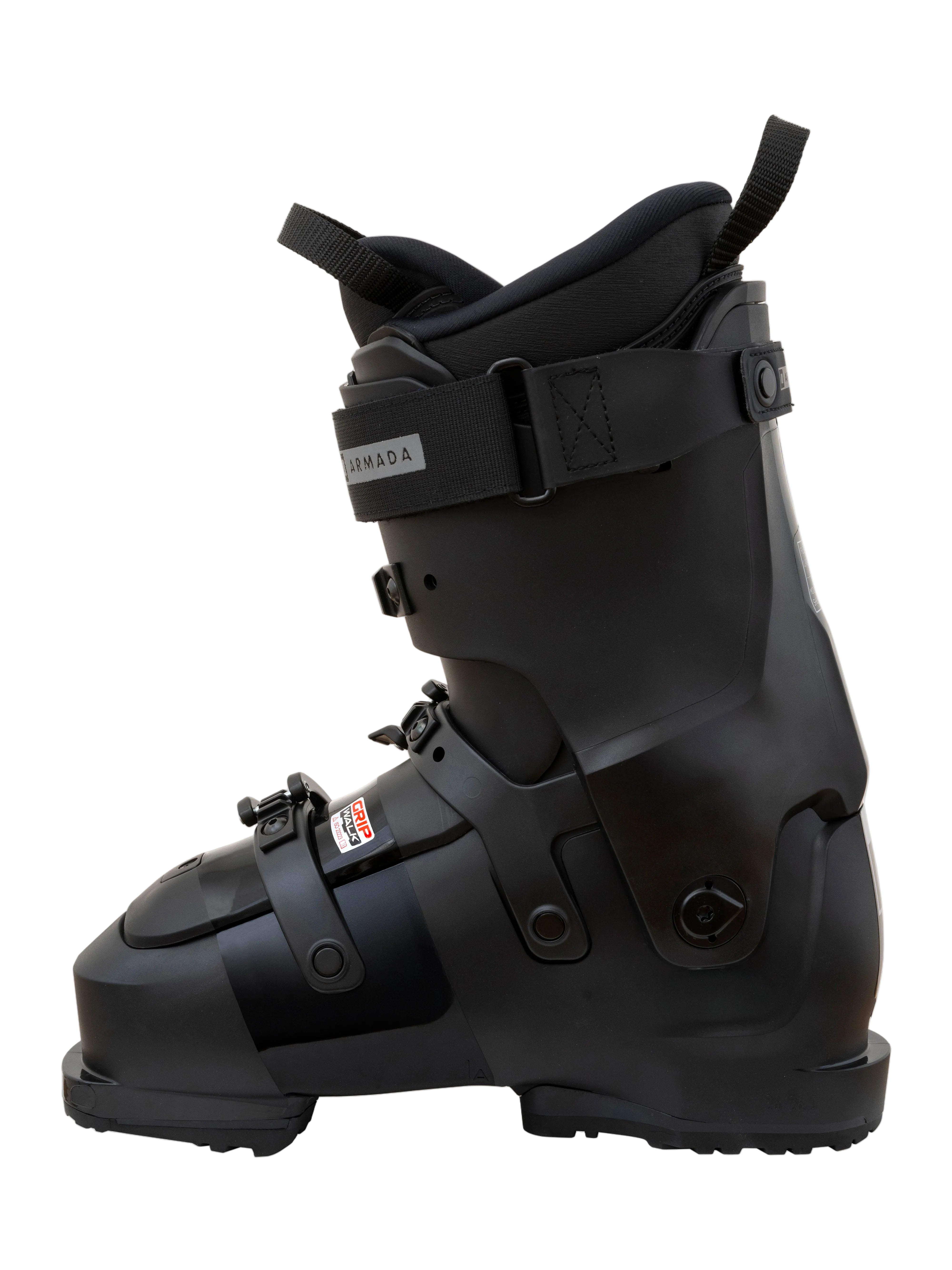 Black ski boot with front buckles, adjustable strap, and rugged rubber outsole