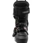 Black ski boot rear view with cuff strap and mounting hardware on the shell