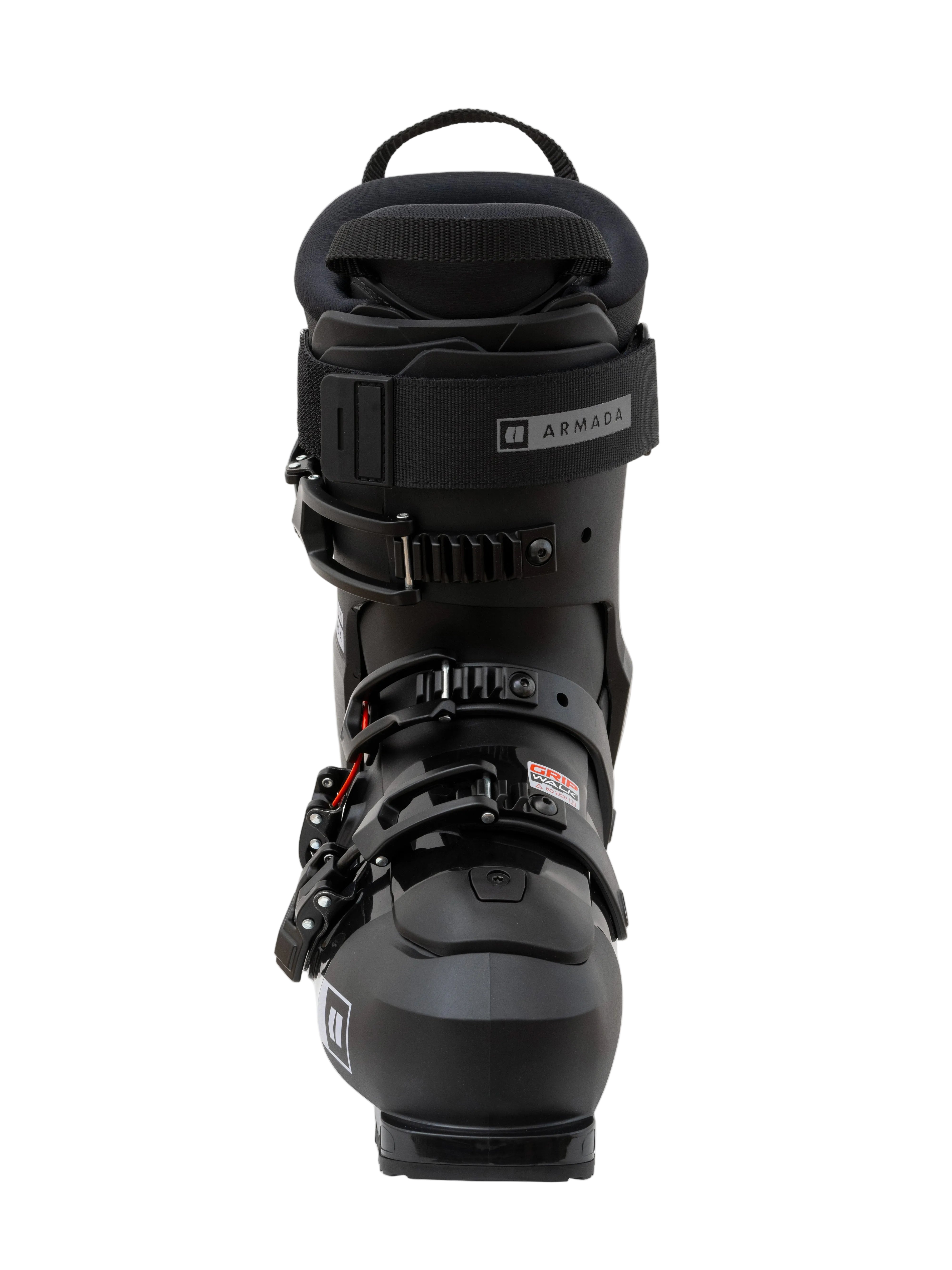 Black ski boot rear view with cuff strap and mounting hardware on the shell