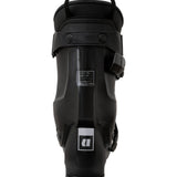 Black ski boot back view with molded shell vents and strap hardware