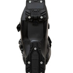 Black ski boot outsole view with traction tread and mounting plate hardware
