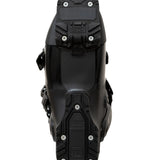 Black ski boot outsole view with traction tread and mounting plate hardware