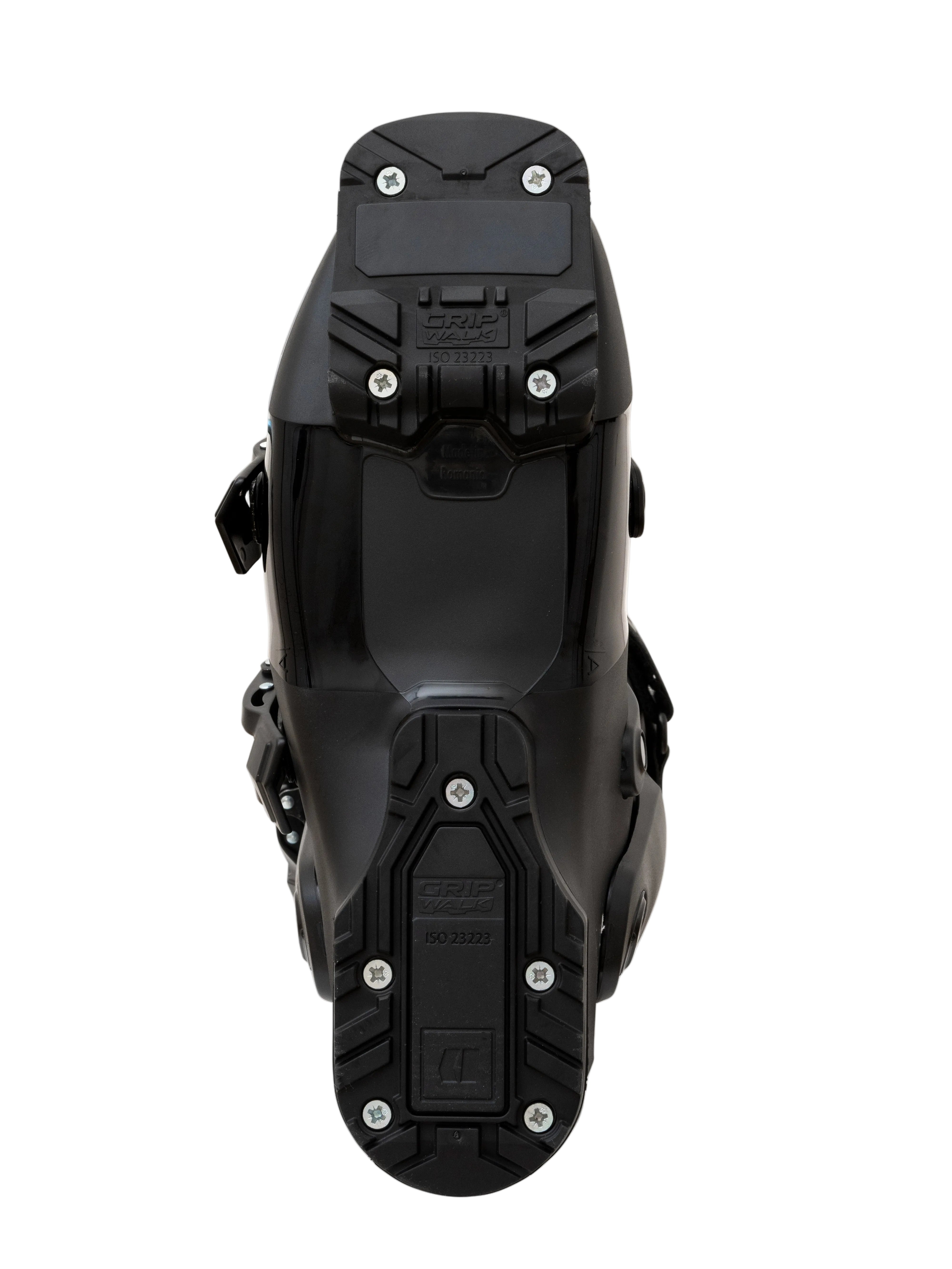 Black ski boot outsole view with traction tread and mounting plate hardware