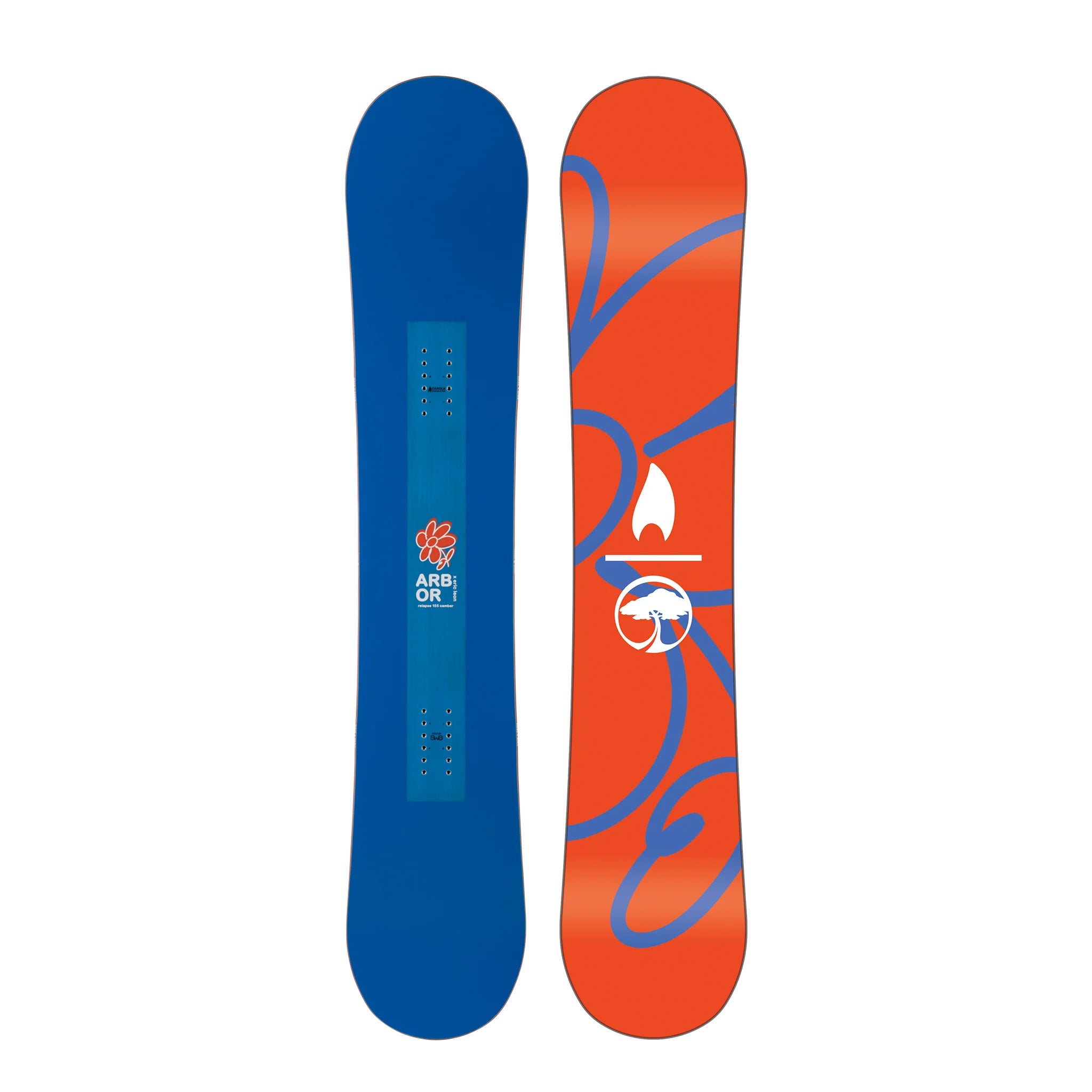 Arbor Relapse Camber Snowboard 2025 - A blue snowboard with a white logo on top and a red stripe at the bottom.