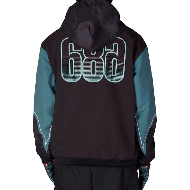 Waterproof team hoody back view with large teal 686 logo, hood, zip front, teal panels