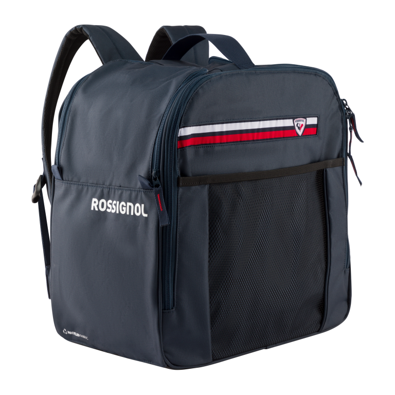 Rossignol blue boot bag with front pocket and red striped side panel