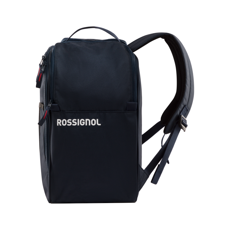 Rossignol blue boot bag with top handle, zip front, and shoulder strap