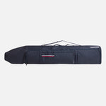 Rossignol Strato Extend 2 Pair Ski Bag with Wheels - A black ski bag with wheels and a handle, featuring two zippered compartments for storing skis or snowboards.