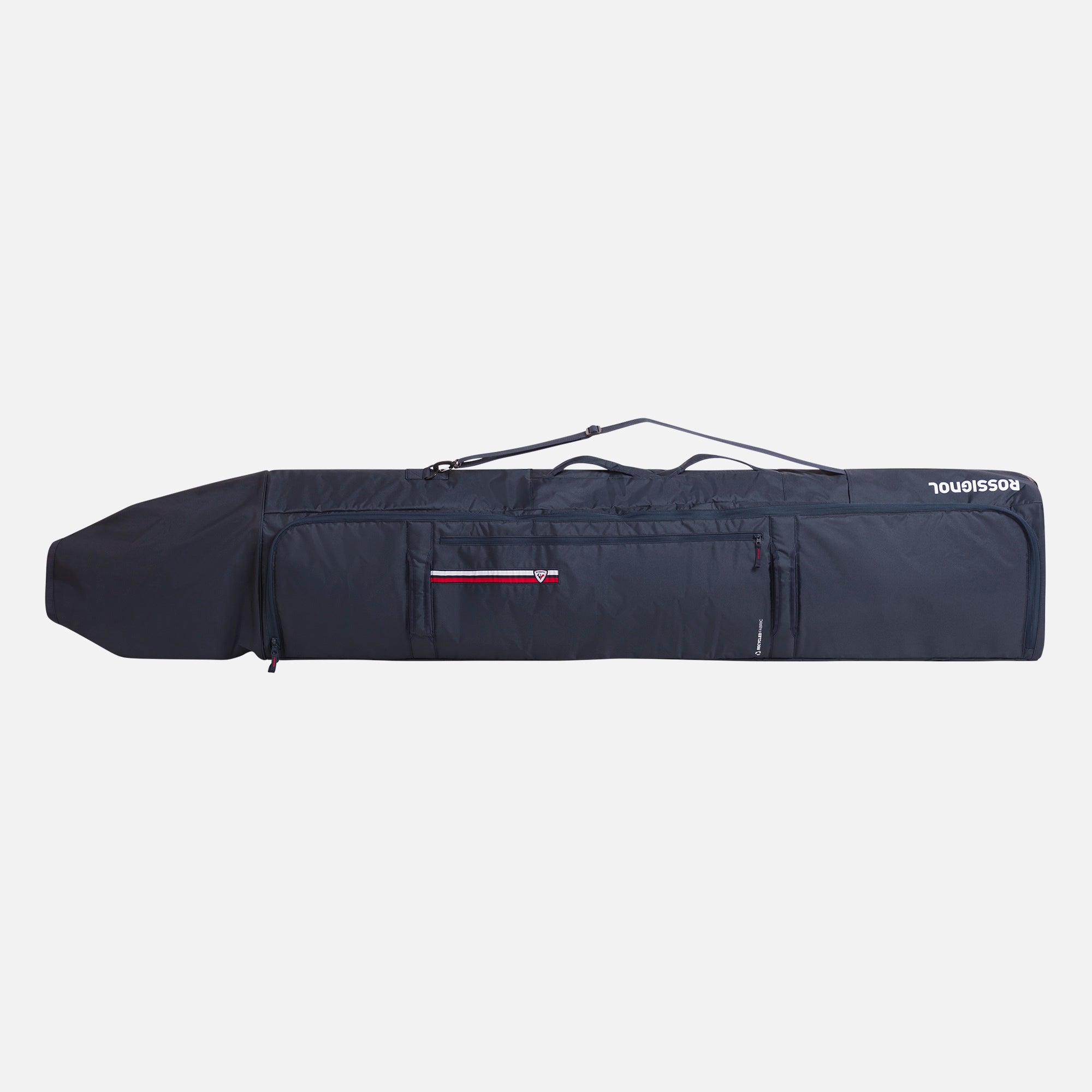 Rossignol Strato Extend 2 Pair Ski Bag with Wheels - A black ski bag with wheels and a handle, featuring two zippered compartments for storing skis or snowboards.