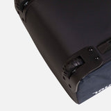 Rossignol Strato Extend 2 Pair Ski Bag with Wheels - A black ski bag with wheels and a handle, featuring a zippered opening and a white logo on the side.