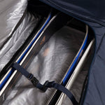 Rossignol Strato Extend 2 Pair Ski Bag with Wheels - A large, blue ski bag with wheels and a handle on top.