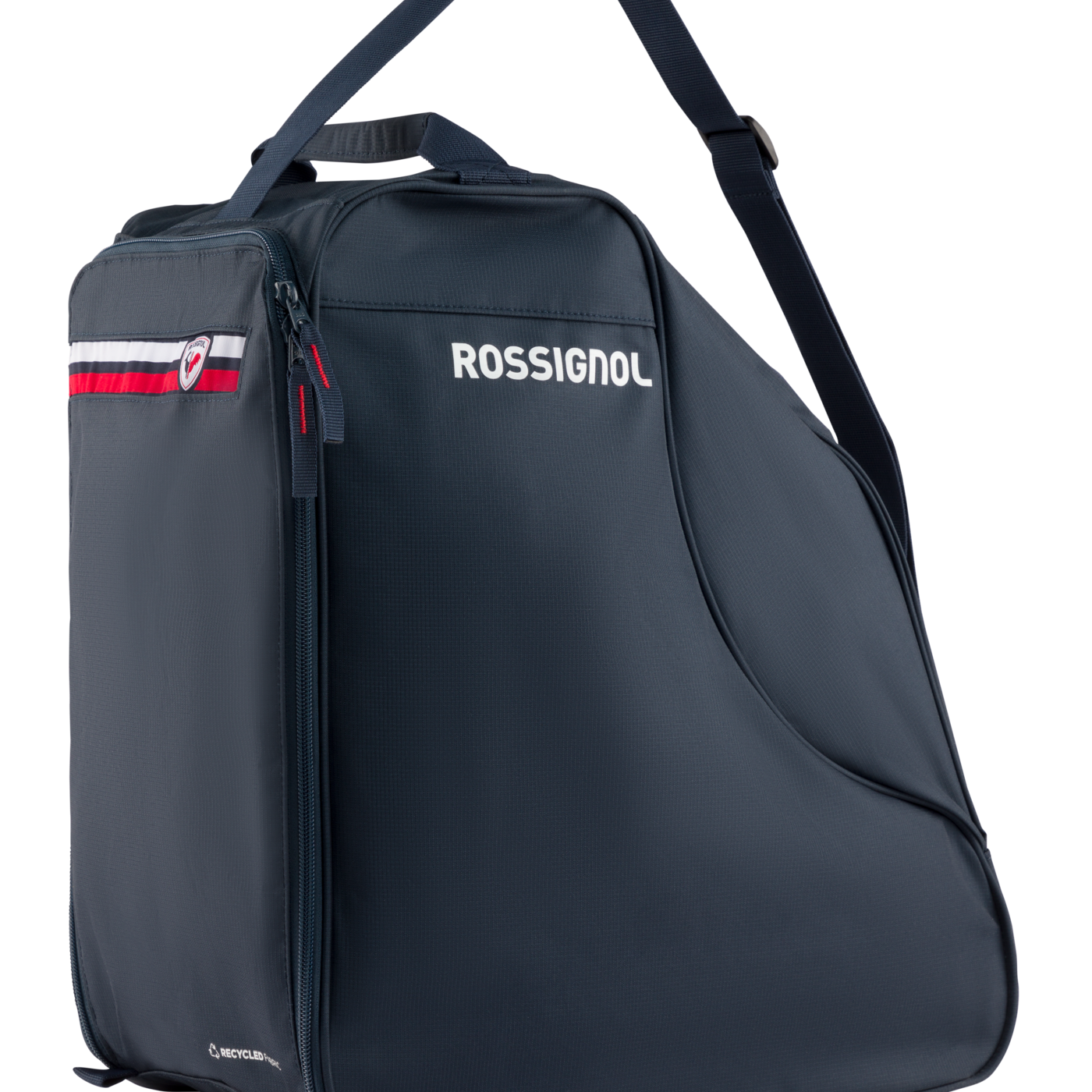 Blue boot bag with front zipper, curved side, and shoulder strap attached