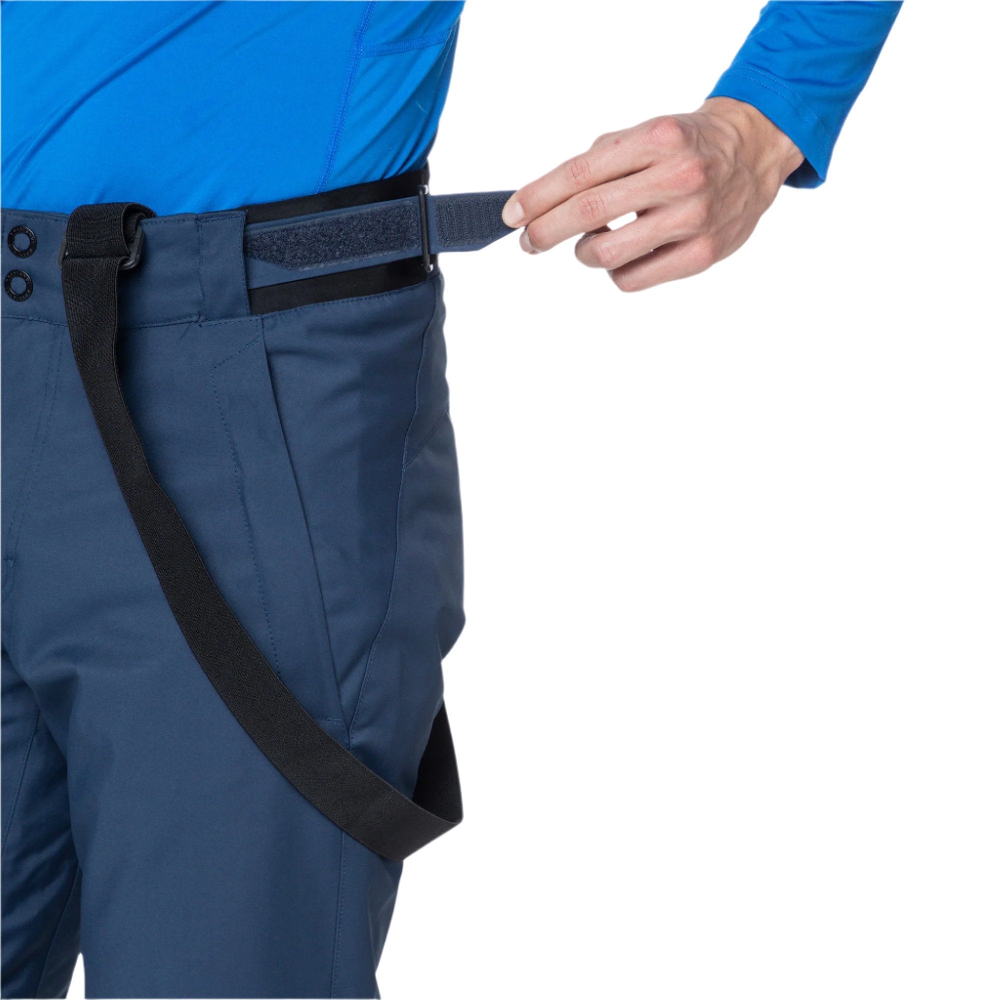 Rossignol Men's Insulated Ski Pant - A pair of navy blue ski pants with a black belt and two black buttons on the waistband.