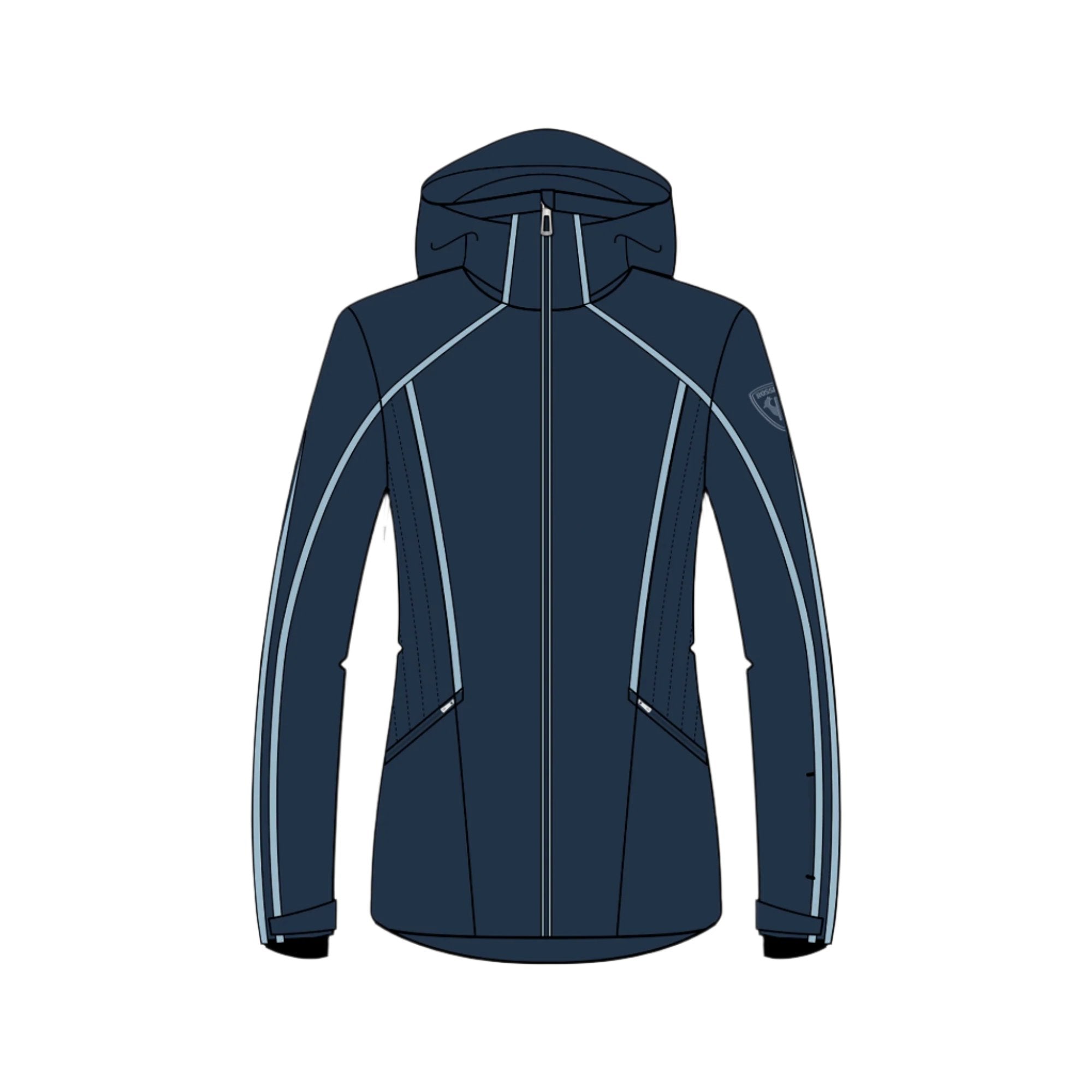 Rossignol Women's Flat Insulated Jacket 2025 - A dark blue jacket with a hood, featuring white stripes on the sleeves and chest.