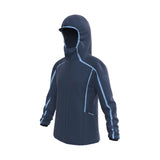 Rossignol Women's Flat Insulated Jacket - A dark blue jacket with a hood, featuring light blue accents and a zipper down the front.