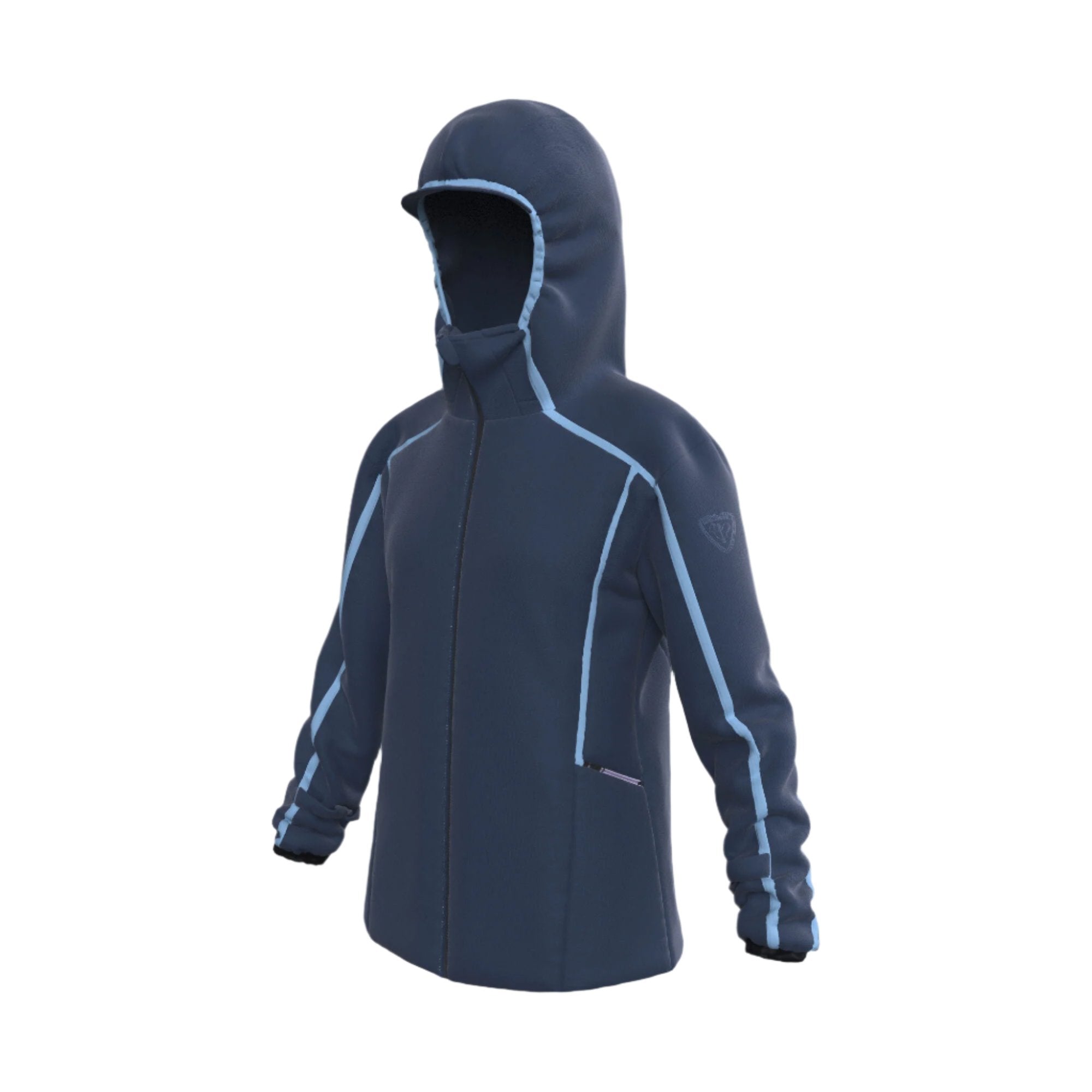 Rossignol Women's Flat Insulated Jacket - A dark blue jacket with a hood, featuring light blue accents and a zipper down the front.