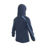 Rossignol Women's Flat Insulated Jacket 2025 - A dark blue jacket with a hood, featuring light blue stripes on the sleeves and chest.