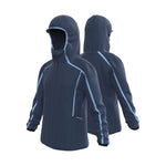 Rossignol Women's Flat Insulated Jacket - A dark blue jacket with a hood, featuring light blue accents on the sides and a zipper down the front.