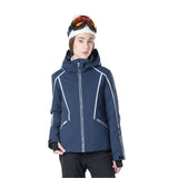 Rossignol Women's Flat Insulated Jacket - A navy blue jacket with white stripes on the front and sleeves, featuring a hood and two zippered pockets.