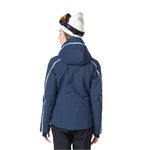 Rossignol Women's Flat Insulated Jacket 2025 - A navy blue jacket with white stripes on the sleeves and a hood, worn by a model from behind.