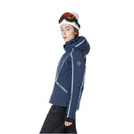 Rossignol Women's Flat Insulated Jacket - A navy blue jacket with a white zipper and trim, featuring a hood and two zippered pockets on the front.
