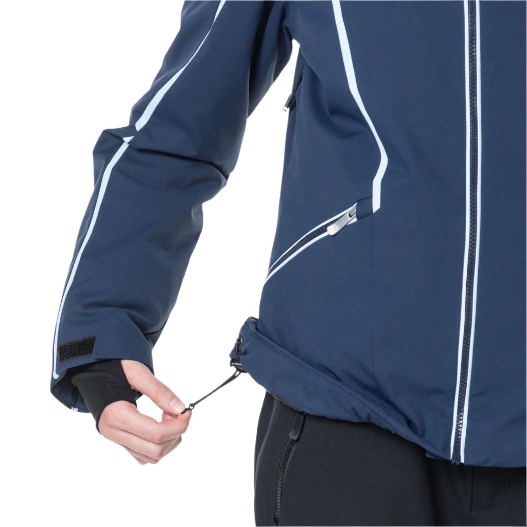 Rossignol Women's Flat Insulated Jacket - A navy blue jacket with white stripes down the arms and a silver zipper on the chest.
