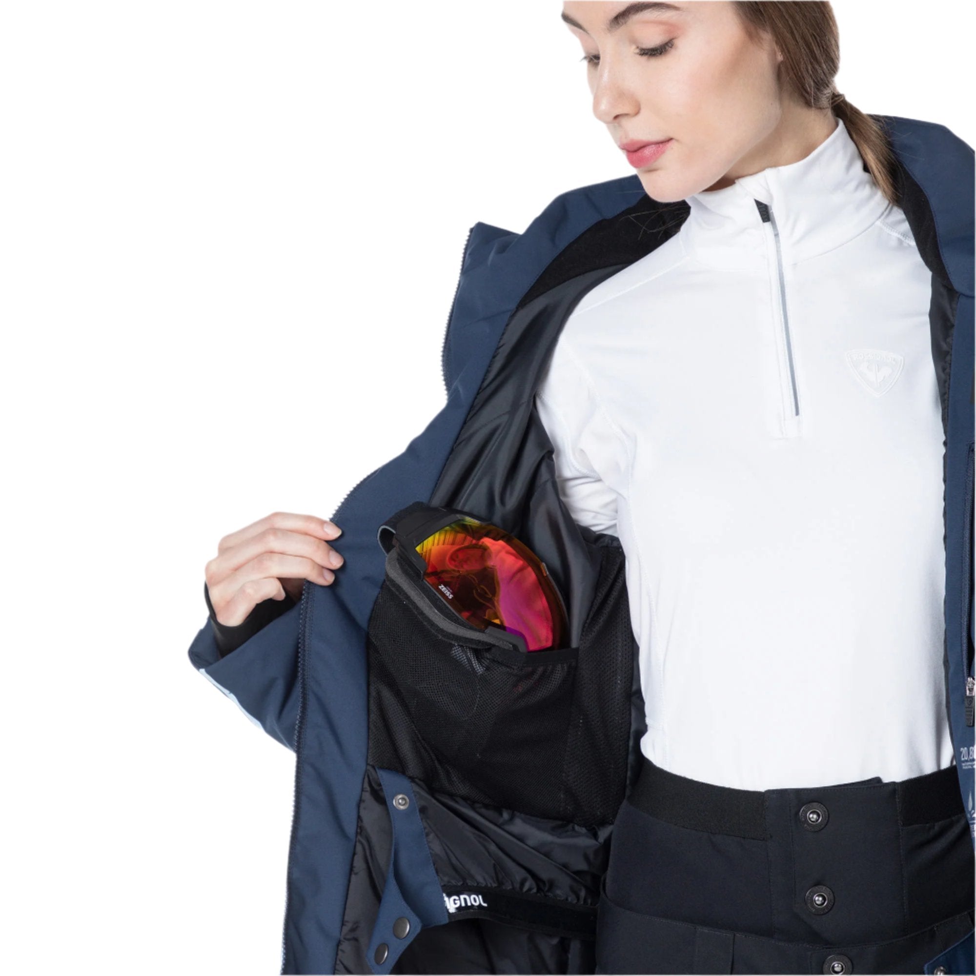 Rossignol Women's Flat Insulated Jacket - A navy blue jacket with a white logo on the left chest and a zipper closure.