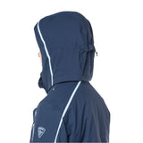 Rossignol Women's Flat Insulated Jacket - A dark blue jacket with a hood, featuring white stripes on the side and a small logo on the left sleeve.