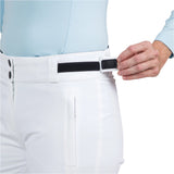 Rossignol Women's Staci Insulated Pant 2025 - A pair of white ski pants with a black belt and two black buttons on the waistband.