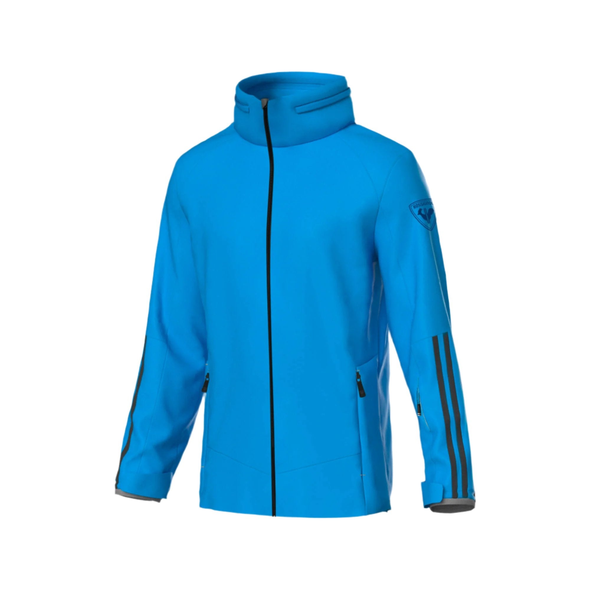 Rossignol Men's Strawpile Insulated Jacket 2025 - A bright blue jacket with a high collar and black zipper, featuring two zippered pockets on either side of the waist.