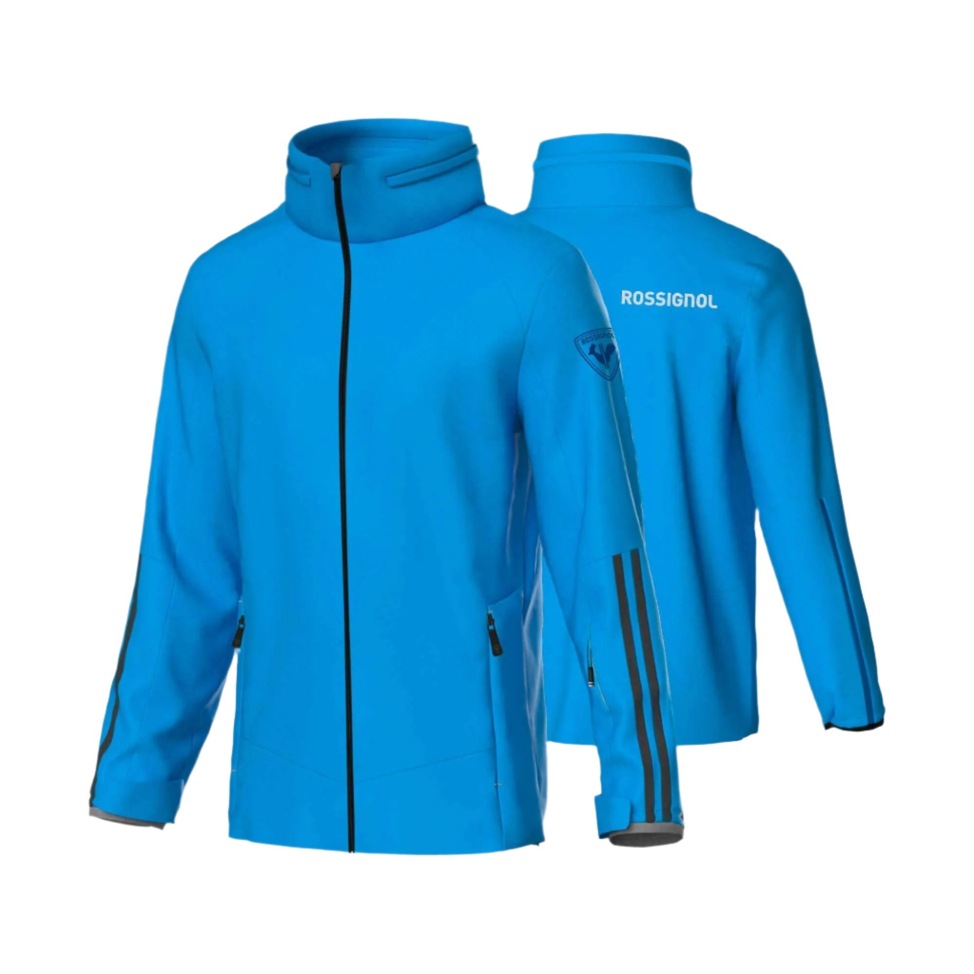Rossignol Men's Strawpile Insulated Jacket 2025 - A bright blue jacket with a high collar and black zipper, featuring a logo on the left sleeve.