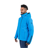 Rossignol Men's Strawpile Insulated Jacket - A man with dark skin and short black hair, wearing a bright blue ski jacket with a high collar and two zippered pockets on either side of the waist.