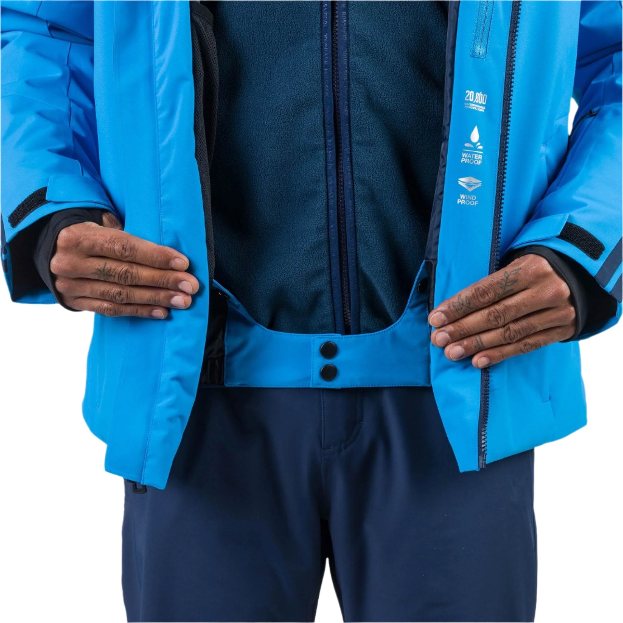 Rossignol Men's Strawpile Insulated Jacket - A bright blue jacket with a black zipper and two black buttons on the front, worn by a model in an open position.