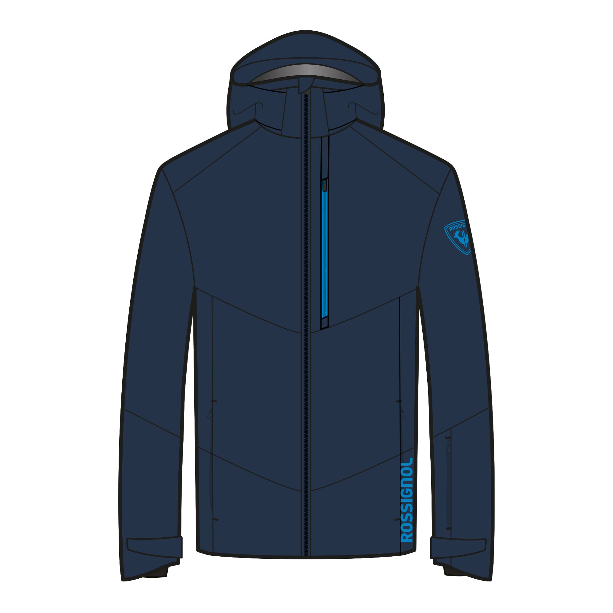 Rossignol Men's Blackside Insulated Jacket 2025 - A black jacket with a hood, featuring a zippered front and two side pockets.