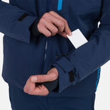 Rossignol Men's Blackside Insulated Jacket - A black jacket with a blue zipper and logo on the left chest, featuring a zippered pocket on the right side.