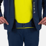 Rossignol Men's Blackside Insulated Jacket - A black jacket with a zippered chest pocket and two zippered side pockets, featuring a hood and adjustable cuffs.