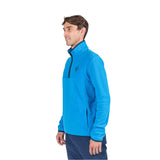 Rossignol Men's Strawpile 1/2 Zip Fleece Top - A man wearing a blue fleece top with a black zipper and a small logo on the left chest.