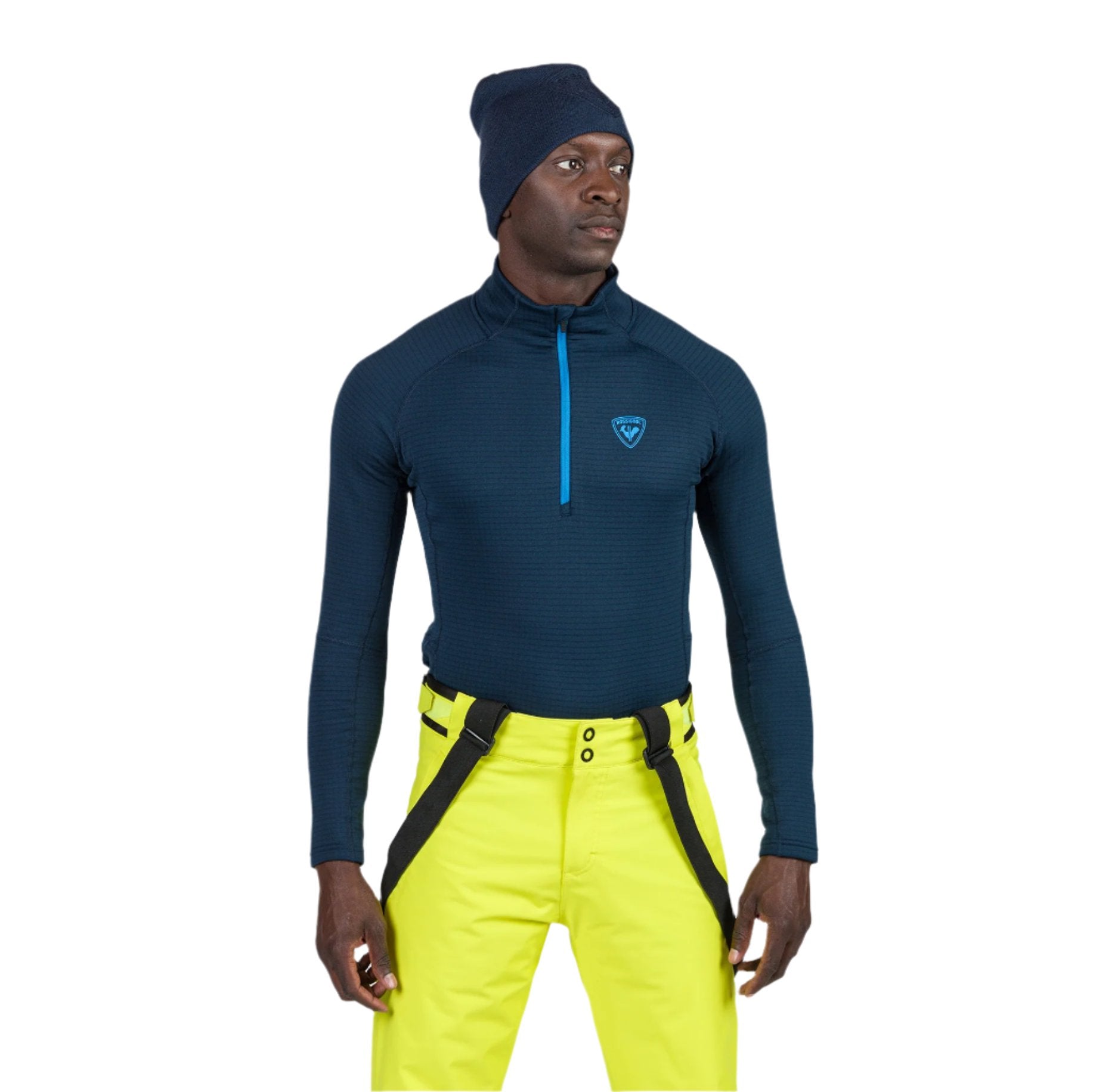 Rossignol Men's Blackside 1/2 Zip Fleece Top - A black fleece top with a blue zipper and a small logo on the left chest.