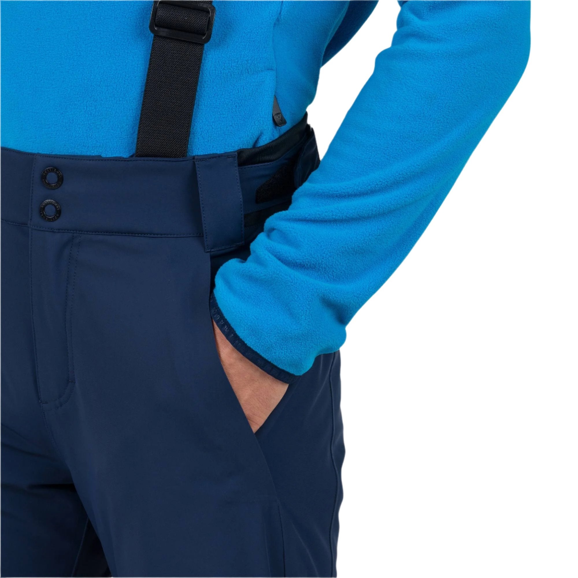 Rossignol Men's Blackside Insulated Pant 2025 - A pair of black insulated ski pants with two snap buttons on the waistband and a zippered pocket on one thigh.