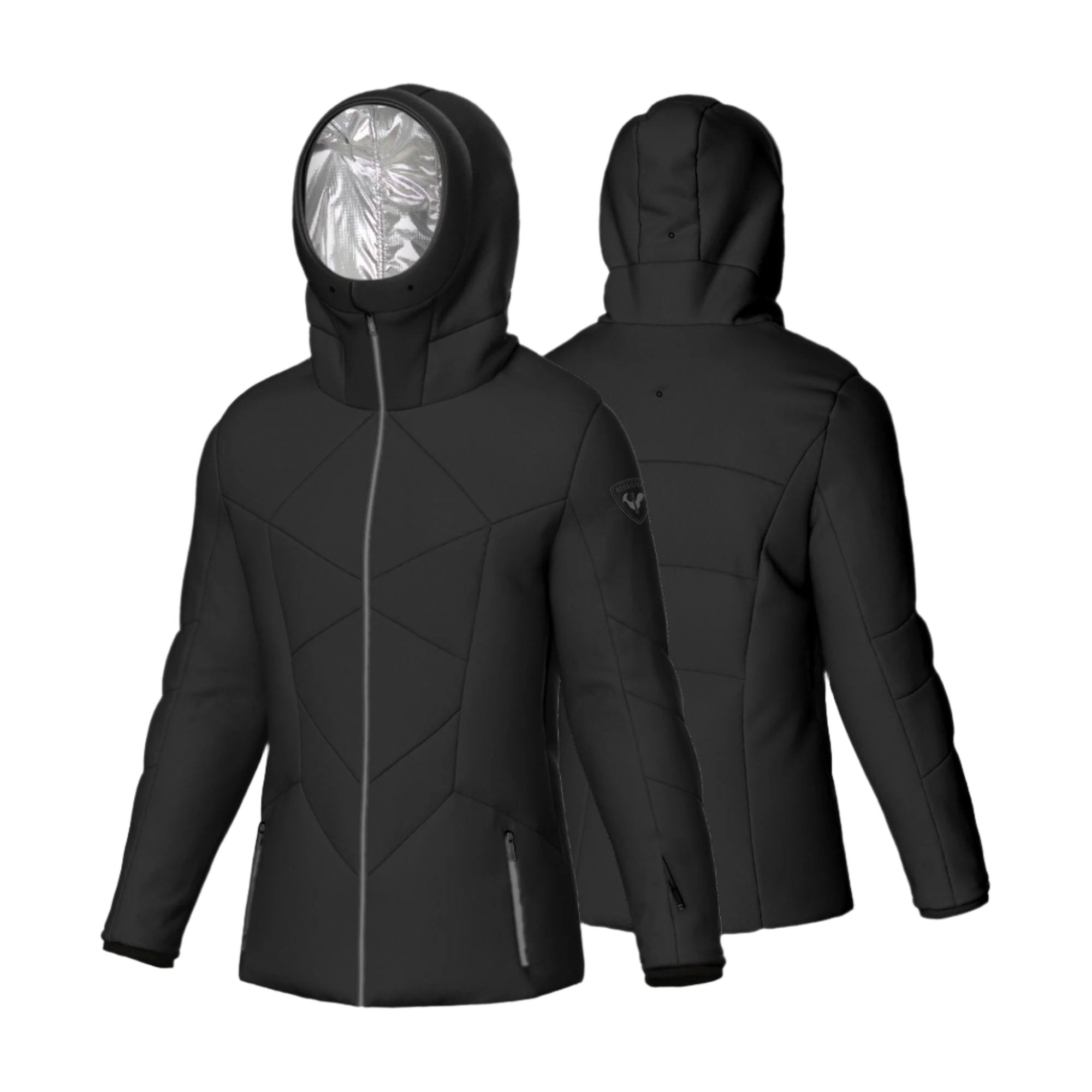 Rossignol Women's Blackside Puffy Jacket 2025 - A black puffer jacket with a high collar and zippered pockets, featuring a shiny silver zipper pull on the front pocket.