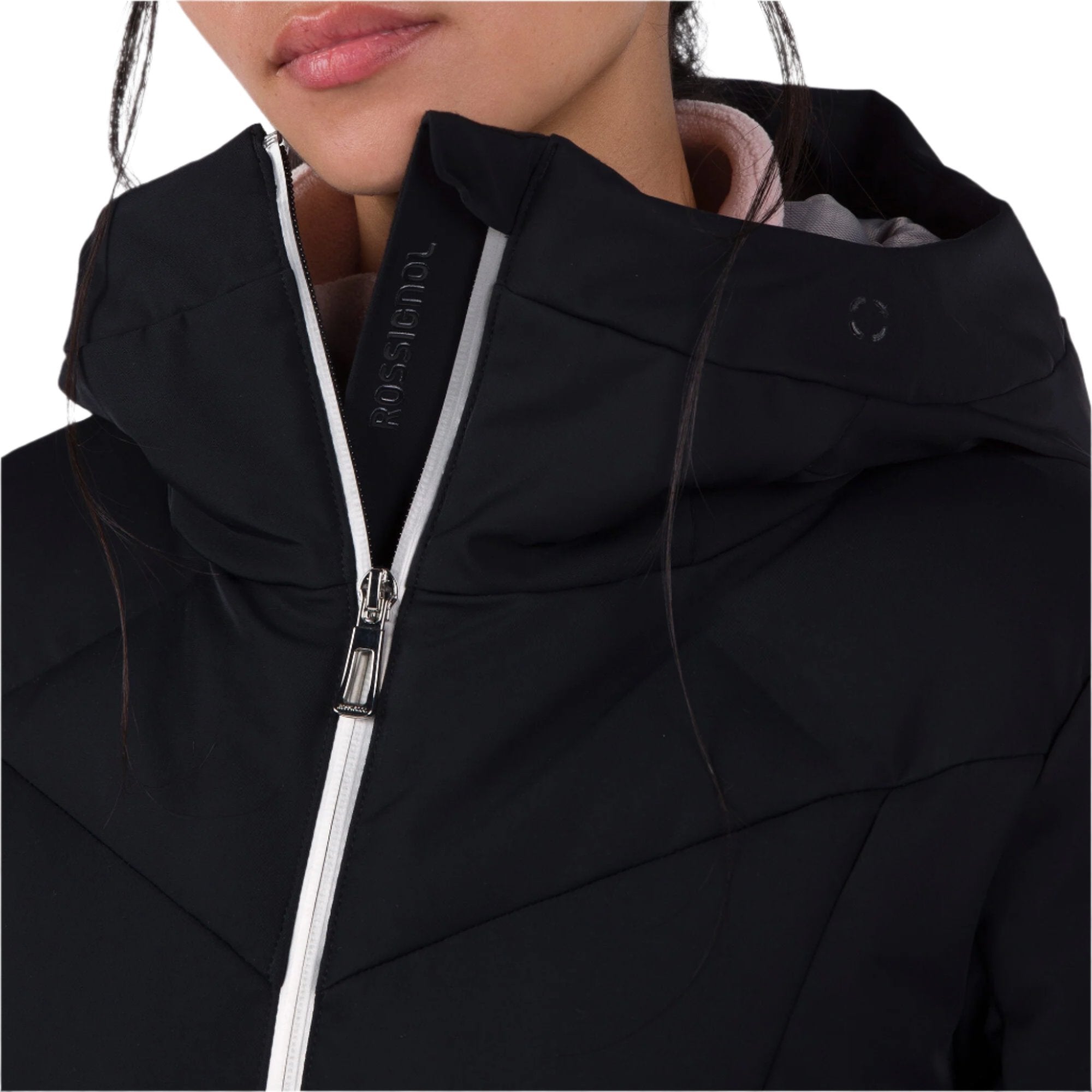 Rossignol Women's Blackside Puffy Jacket 2025 - A black puffer jacket with a zippered front and hood.