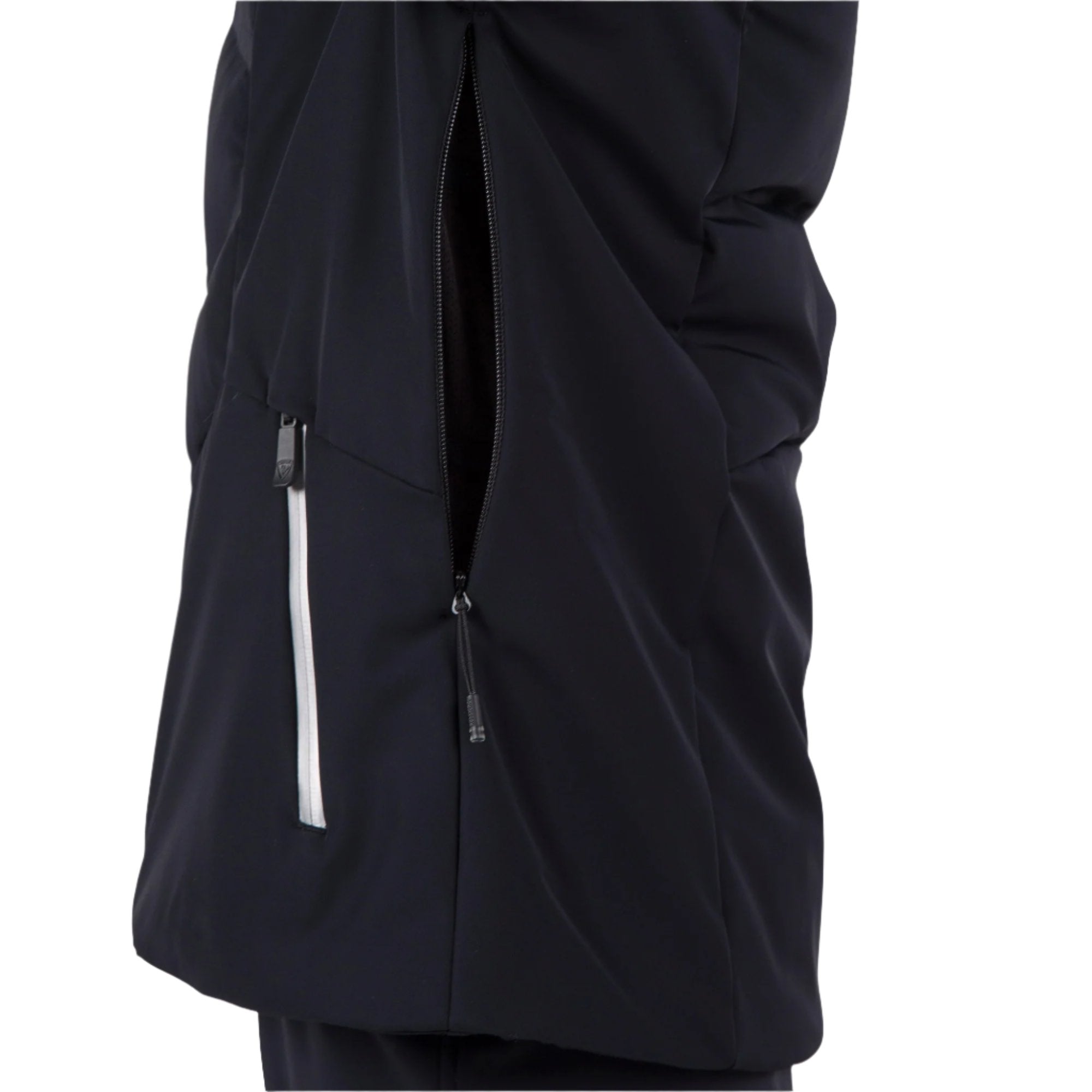 Rossignol Women's Blackside Puffy Jacket - A black puffy jacket with a zipper down the front and two zippered pockets on either side.