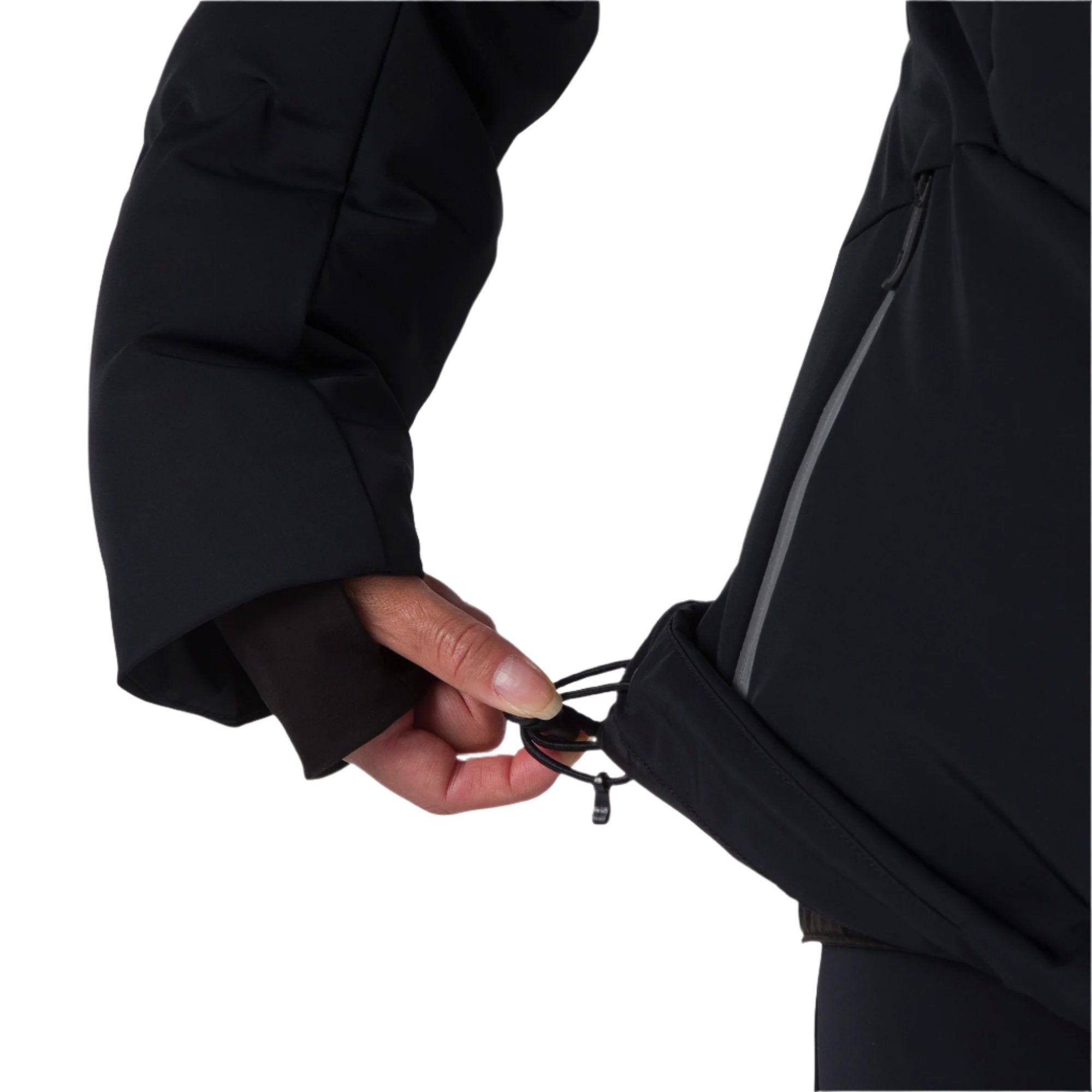 Rossignol Women's Blackside Puffy Jacket - A black puffer jacket with a zippered pocket on the side.