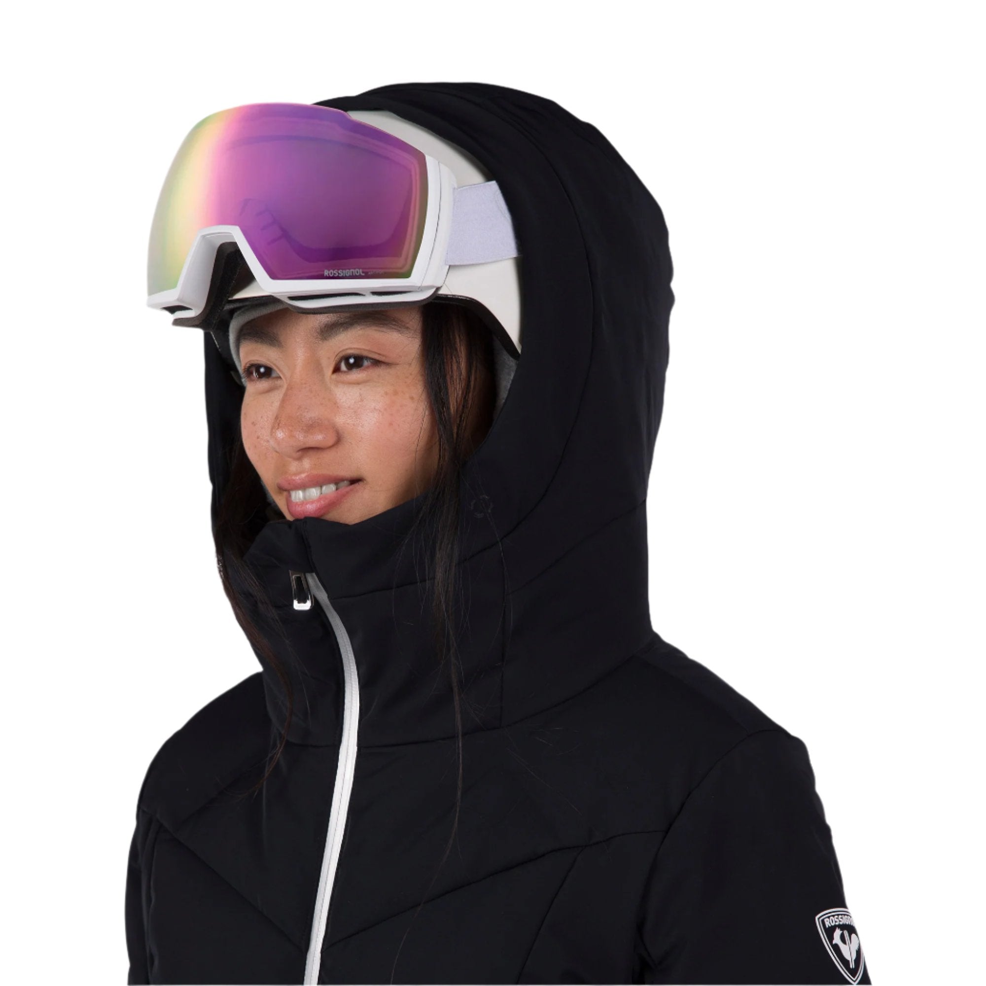 Rossignol Women's Blackside Puffy Jacket 2025 - A black puffer jacket with a hood and white zipper.