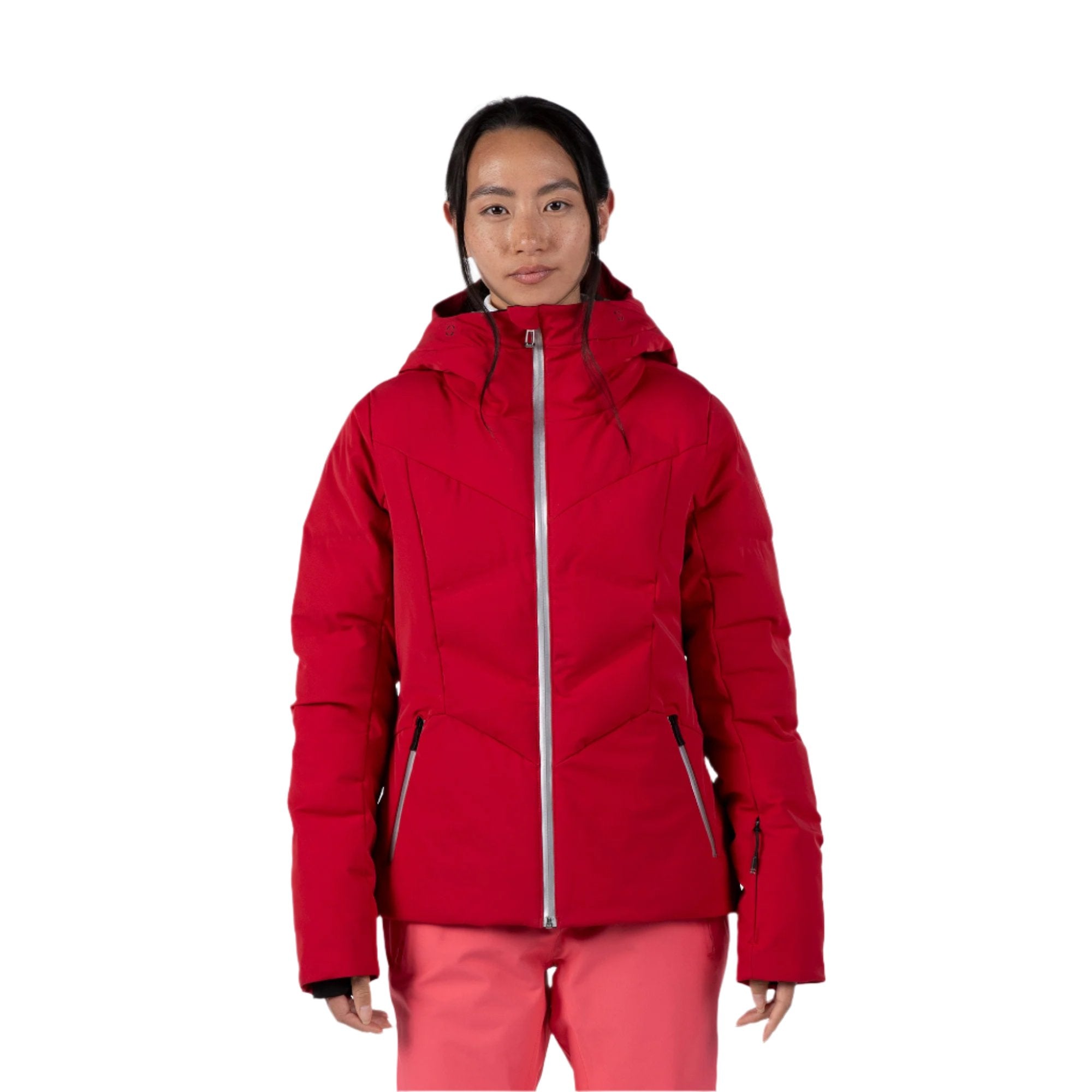 Rossignol Women's Blackside Puffy Jacket - A black puffy jacket with a hood and zipper down the front.