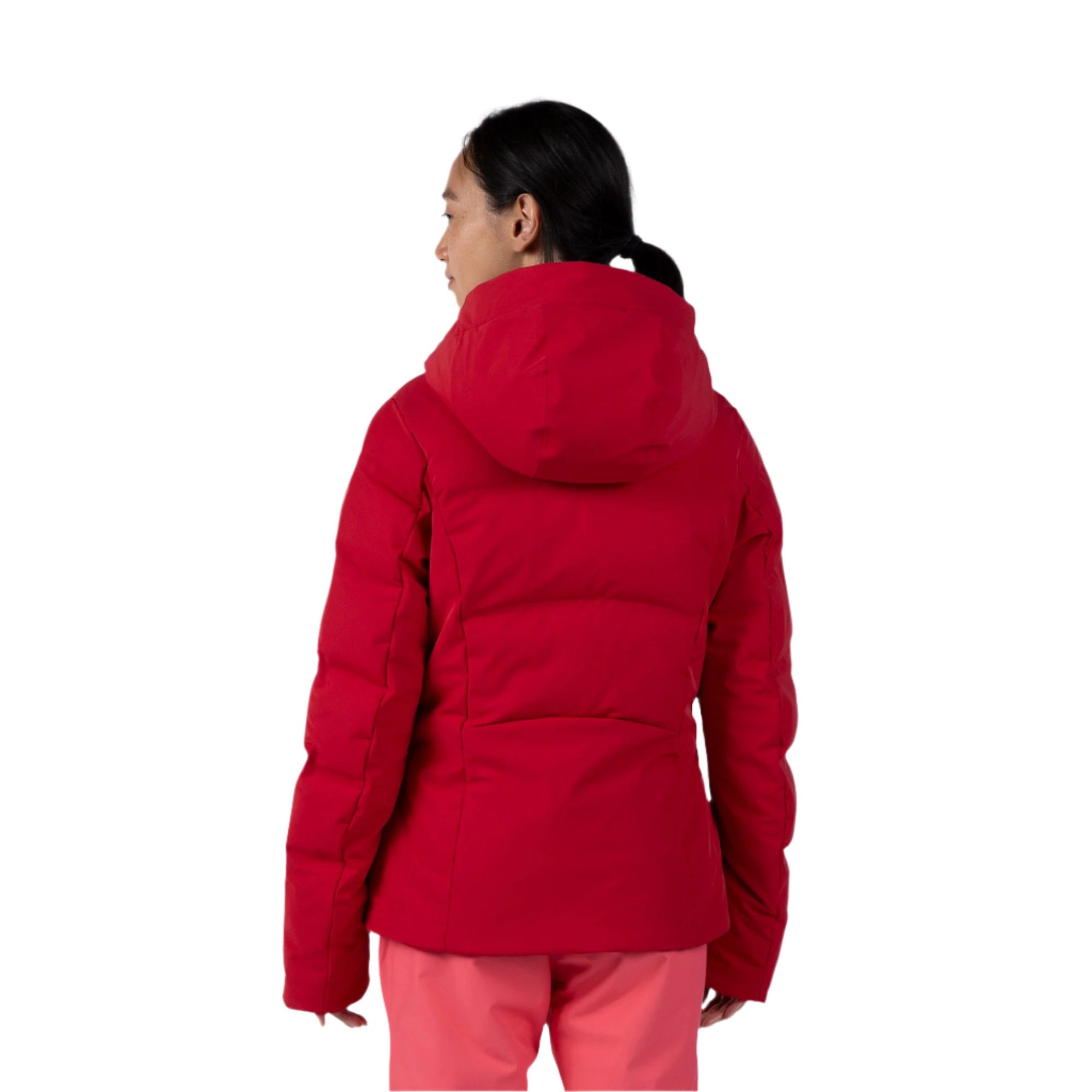 Rossignol Women's Blackside Puffy Jacket - A black puffy jacket with a hood, featuring a zippered front and two side pockets.
